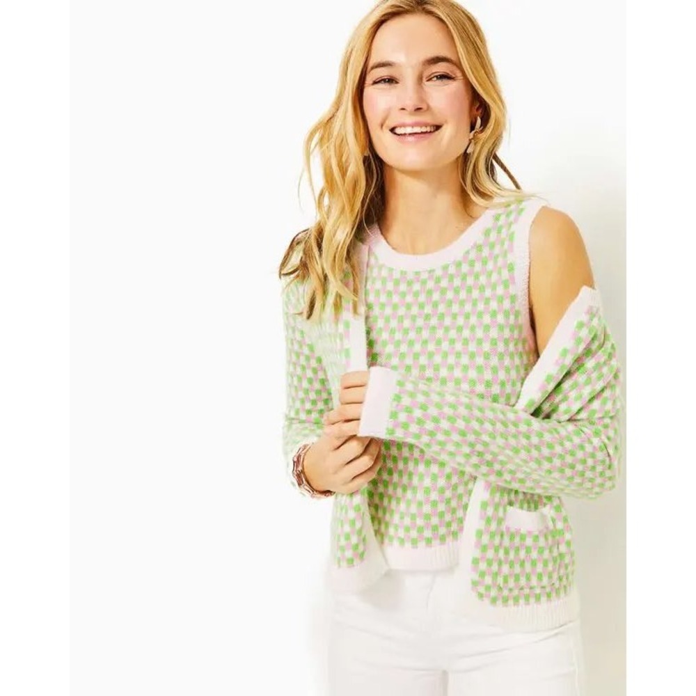 Lilly Pulitzer Sweater Set Viera Open Front Wool Blend Green White Pink XL